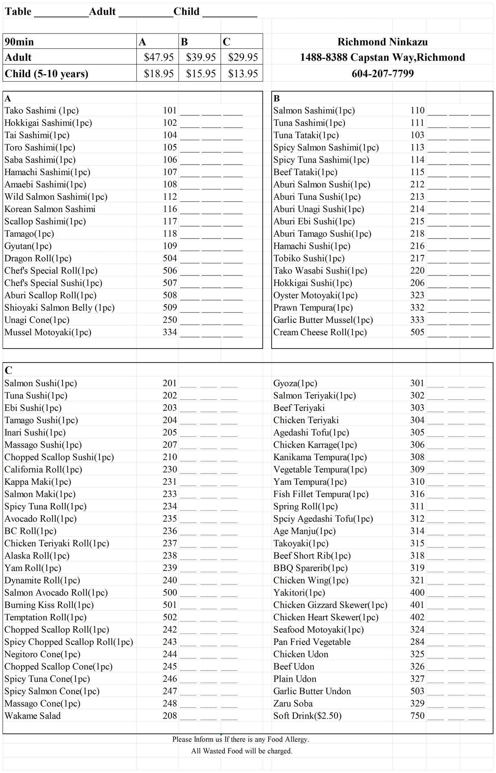Dinner all-you-can-eat order sheet with A, B, and C menu tiers